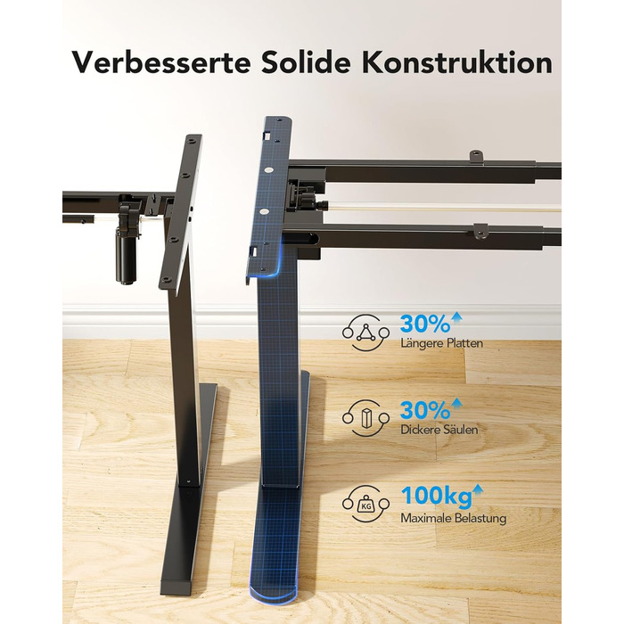 Регульований стіл-рама HUANUO з безщітковим мотором, вантажопідйомність 100 кг, для стільниць 110x200 см, чорний