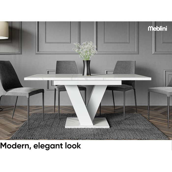 Обідній стіл MebleIni розсувний, сучасний дизайн, кухонний стіл, колона, чорний/білий глянцевий, 120-160x80x75 см, стільниця з білого мармуру/білий матовий