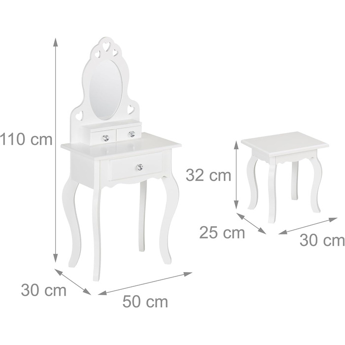 Дитячий туалетний столик з дзеркалом і табуретом Relaxdays, 110x50x30 см, від 3 років, білий