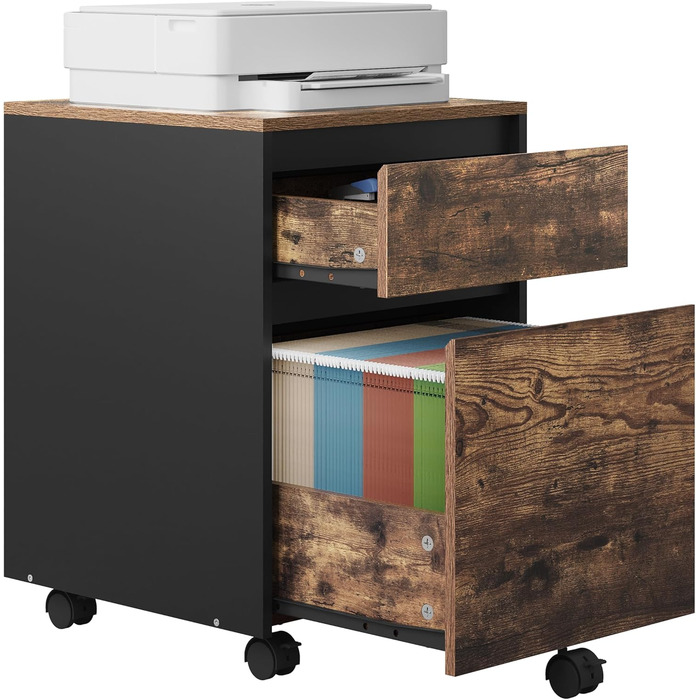 Контейнер на колесах WOLTU з 2 шухлядами, мобільний офісний шафка, підставка під стіл, шафка для принтера, для офісу та дому, 40x56x40 см, з вінтажною обробкою дерева, 2 полиці