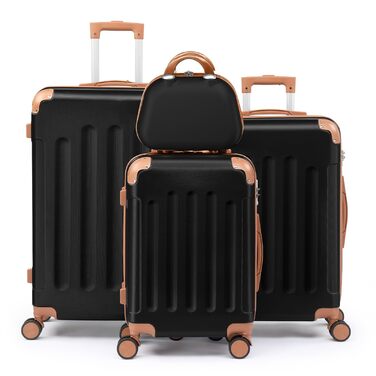Набір валіз LEADZM 4 шт. з жорстким корпусом, ABS, з колесами, великий дорожній набір, набір валіз з жорстким корпусом, валізи та ролери з косметичкою (Чорний-Коричневий)