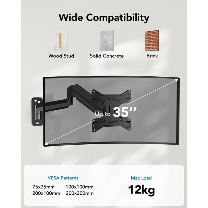 Кріплення для монітора HUANUO, 17-35 дюймів, LED/LCD/TV, VESA 75/100/200mm, регульоване, поворотне, з газовою пружиною