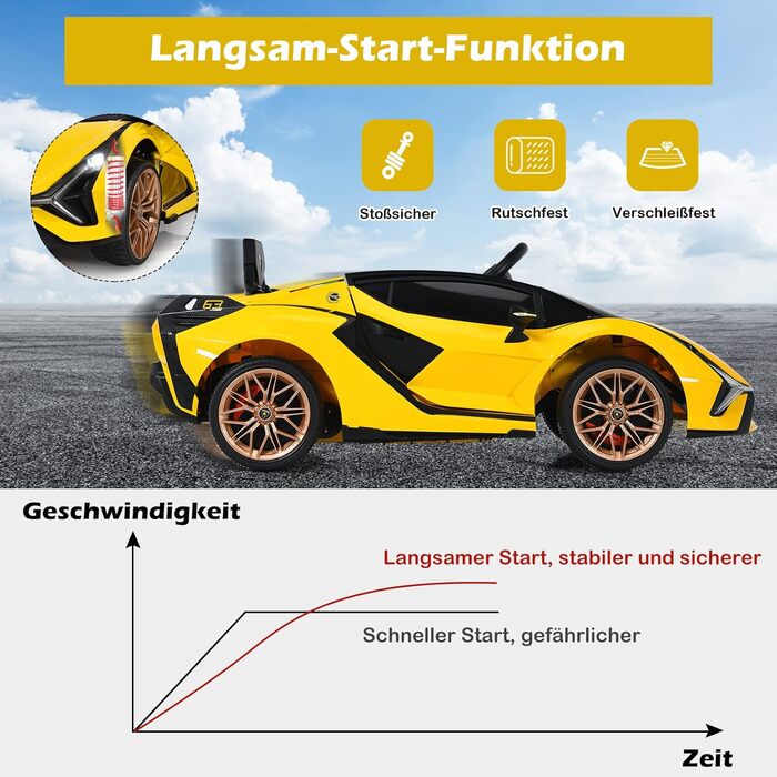 Дитячий електромобіль Lamborghini 12V з пультом, ременем безпеки, світлом, музикою і сигналом, жовтий – електрокар для дітей від 3 років