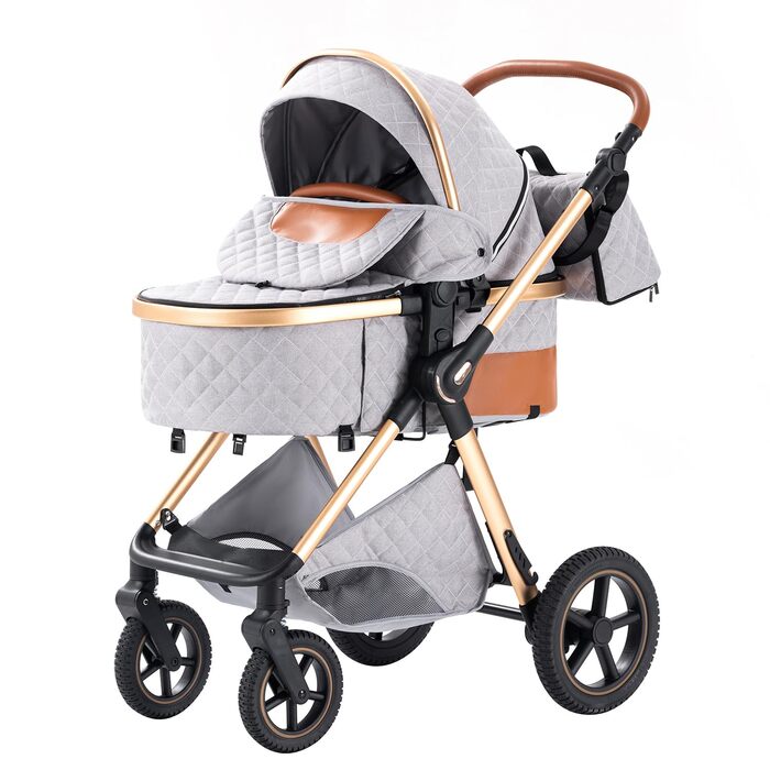 Дитяча коляска Shineey 3 в 1, шасі з алюмінієвої сплави, сірий колір (H2 GREY)