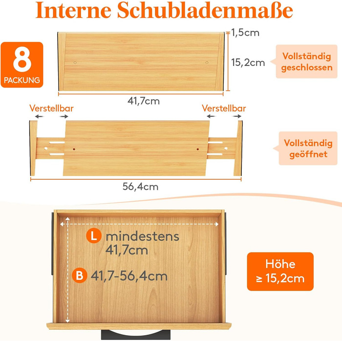 Органайзери для ящиків LifeWit 8 шт. з бамбука, регульовані, 42-56 см, для кухні, шафи, столу