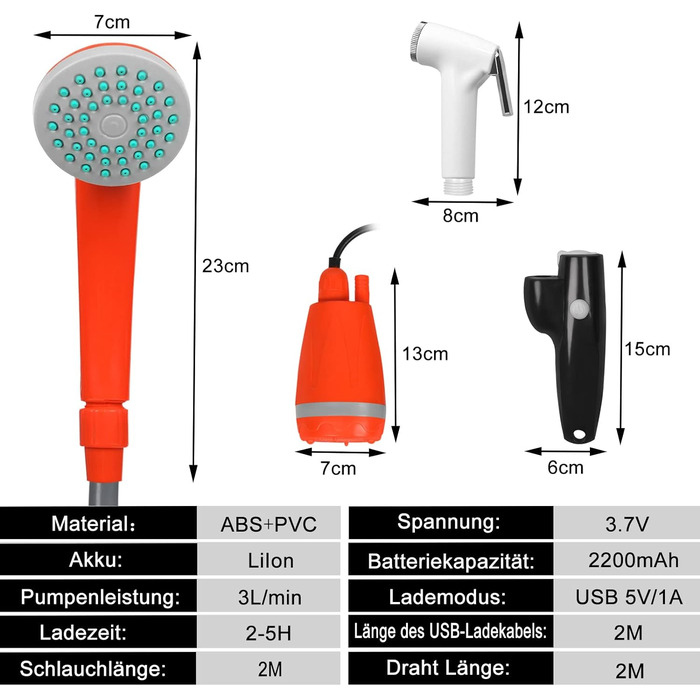 Кемпінговий душ UISEBRT з насосом Акумуляторна батарея - Портативний кемпінговий душ на відкритому повітрі з акумуляторним занурювальним насосом Ручний душ, USB-кабель для зарядки, для садового пляжу, кемпінгу, подорожей, автомийка, душ для собак, 2200 мА