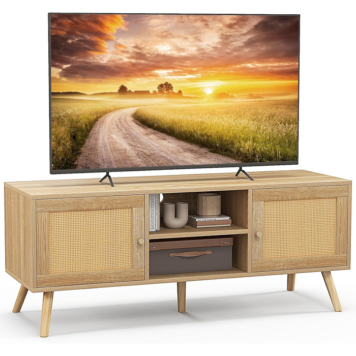 Тумба під телевізор GIANTEX 120x40x48.5 см з 2 дверцятами та відкритими полицями, для телевізорів до 55 дюймів
