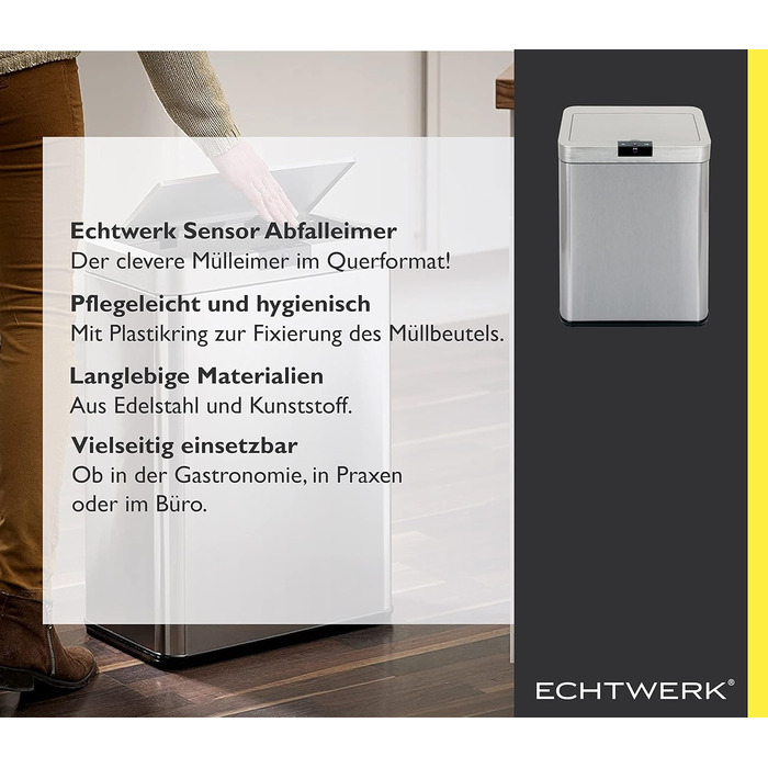Відро для сміття Echtwerk з датчиком, безконтактне, 48 літрів, нержавіюча сталь, м'яке закриття