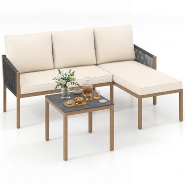 Садовий набір меблів з ротангу COSTWAY: Лаунж-комплект з столом та подушками для саду, балкону, тераси (Бежевий)