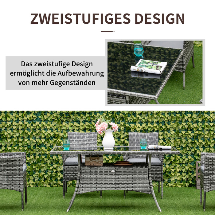 Outsunny Garden Table Стіл з полі ротанга зі скла 150x85x74см із захисним склом у сіро-чорному кольорі для саду, балконної тераси