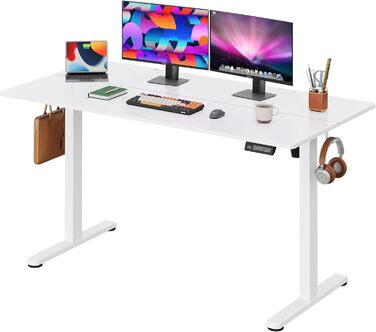 Регульований стіл Devaise 140x70 см з тихим мотором та функцією пам'яті, офісний стіл для роботи стоячи, білий