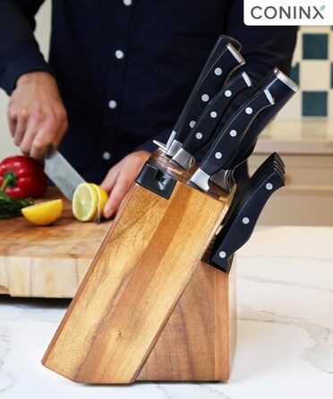 Блок для ножів Coninx Universal з інтегрірувачем – Тримач для ножів з акації на 15 слотів – Стійкий підставка для кухонних ножів, хлібного ножа, ножа для стейка та ножиць, коричневий з інтегрірувачем