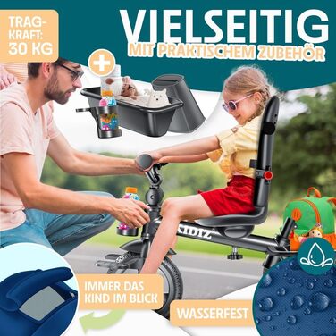 Триколісний велосипед KIDIZ 6-в-1 для дітей від 9 місяців до 25 кг: з ручкою, кошиком, сонцезахисним козирком, прогулянковий, синій