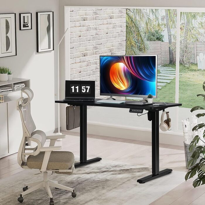 PACHIRA Електричний регульований стіл, 120x60 см, з пам'яттю та LED-дисплеєм, з гачком та кабелеуправлінням, ергономічний для дому/офісу, білий/чорний