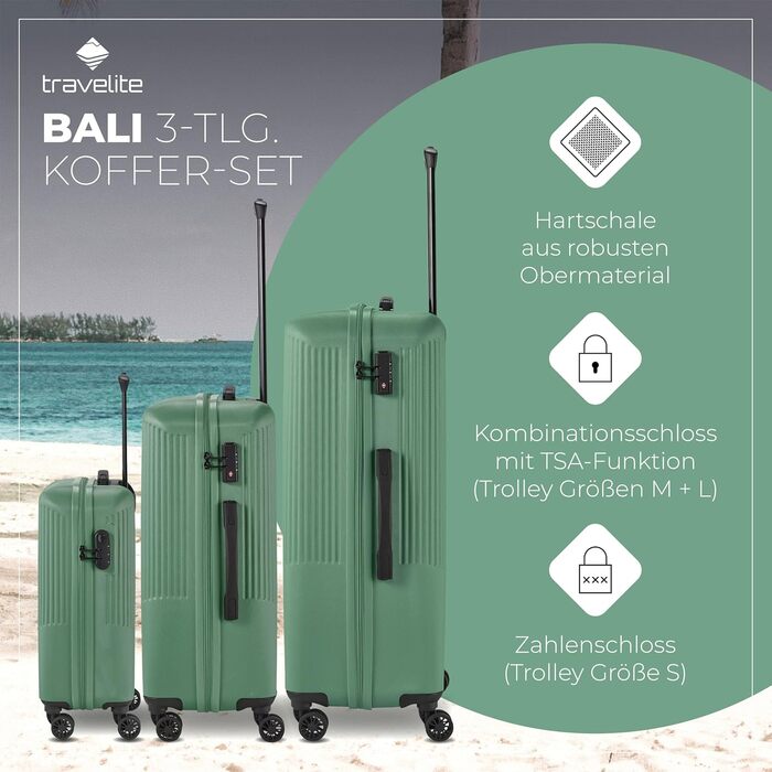Набір валіз Travelite Bali 3 шт. (L/M/S) з ABS-пластику, зелений: міцні та легкі, з TSA замком