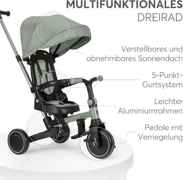 Триколісний велосипед KikkaBoo Dreirad 8-в-1 з ручкою для батьків, алюмінієва рама, зелений. Для дітей від 1 року.