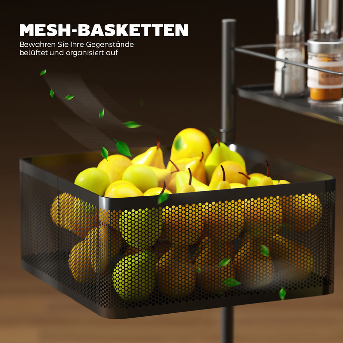 Візок для кухні з 5 обертовими кошиками, 4 поворотними колесами, металевим каркасом, чорного кольору