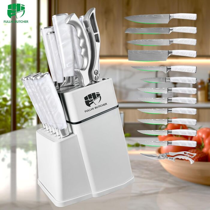 Набір кухонних ножів Fullhi 14 предметів у бруску з точилкою: кухонні ножі, ножі для стейку, багатокольорові ручки. Чудовий подарунок для чоловіків та жінок.