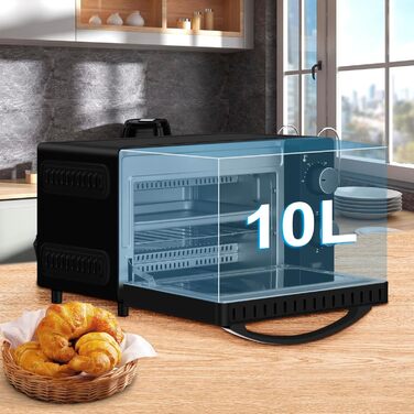 Міні-піч Wannyton 10L: піч для піци, випічки та хліба, 650W, 100-230°C, таймер, решітка, деко, чорний