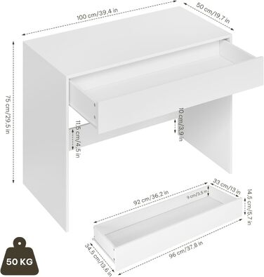 Комп'ютерний стіл з ящиками для дітей та спальні, мінімалістичний дизайн, 100x50x75 см, білий