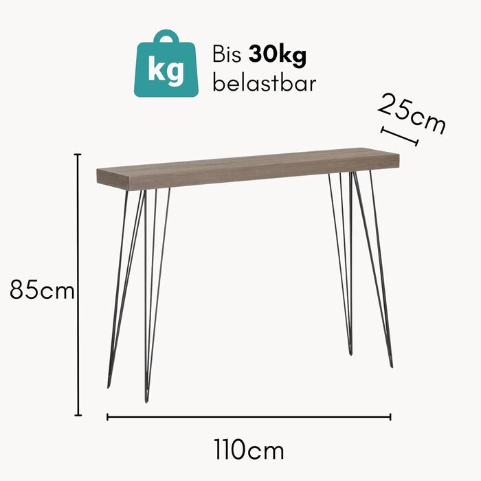 Консольний стіл вузький дерев'яний вигляд 110x25x80см, сучасний & елегантний, металеві ніжки, журнальний столик Hestia