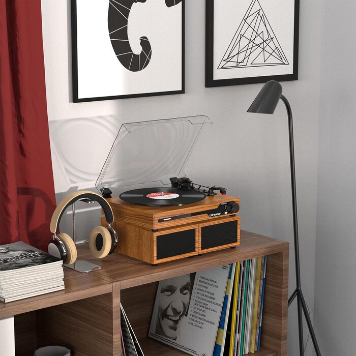 Вініловий програвач Udreamer з Bluetooth 5.3, 2 стерео динаміками, 3 швидкості, AUX, RCA, USB, ретро дизайн, жовтий