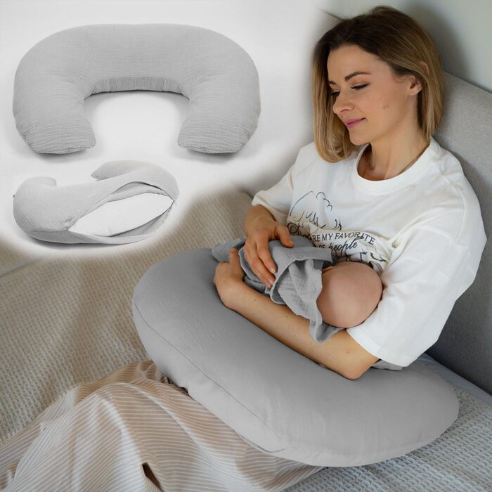 Подушка для годування та вагітності PaLulli XL (170x30 см), органічна бавовна, мусліновий чохол, сіра