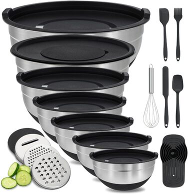 Набір міксерів BEWOS 7 шт. з кришкою, нержавіюча сталь, різні розміри, з терткою, антиковзаюче дно, чорний