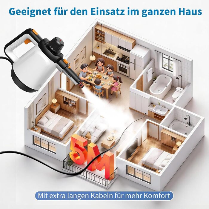 Портативний пароочисник 110°C: ефективне очищення, універсальний пристрій з 10 насадками та 5м кабелем. Ідеально для диванів, килимів, швів та видалення жиру. Колір: білий