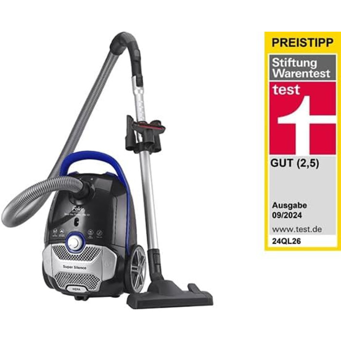 Пилсос Fakir Blue Vac Power TS 721 з мішком, 800 Вт, з кабелем, HEPA фільтр H14, тихий двигун 69dB(A), мішок 3л, радіус дії 12м, чорний/блакитний