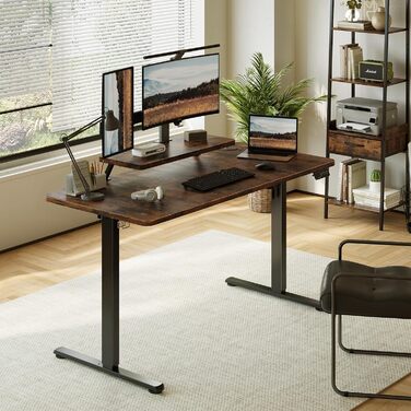 Регульований стіл Sweetcrispy з підставкою для монітора, 120 x 60 см. Електричний, ергономічний стіл для стоячи/сидячи, комп'ютерний стіл, вінтажний коричневий, 120 x 60 см