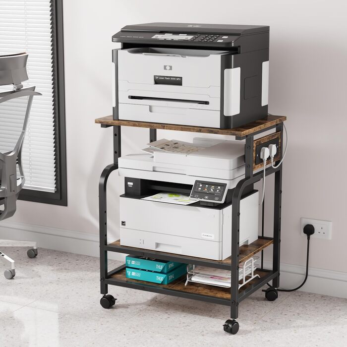 Трьохрівневий стіл для принтера з розеткою та USB-портами, регульовані полиці, роликовий стійка для принтера для дому/офісу, 3D/лазерний принтер, термопрес (Бюстик Браун, 60 см)