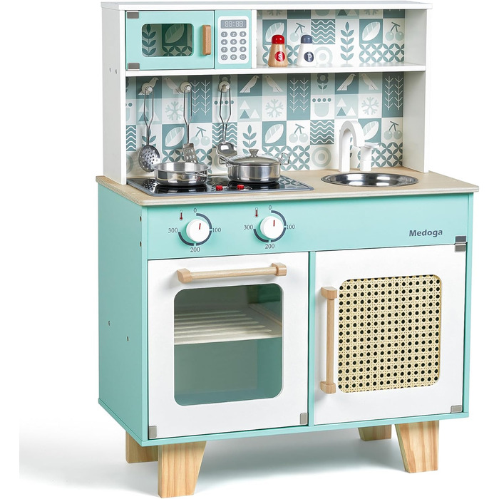 Дитяча дерев'яна кухня для гри - ігровий набір з аксесуарами, 26 предметів, іграшкова кухня для дітей 3+ років, велика зелена кухня