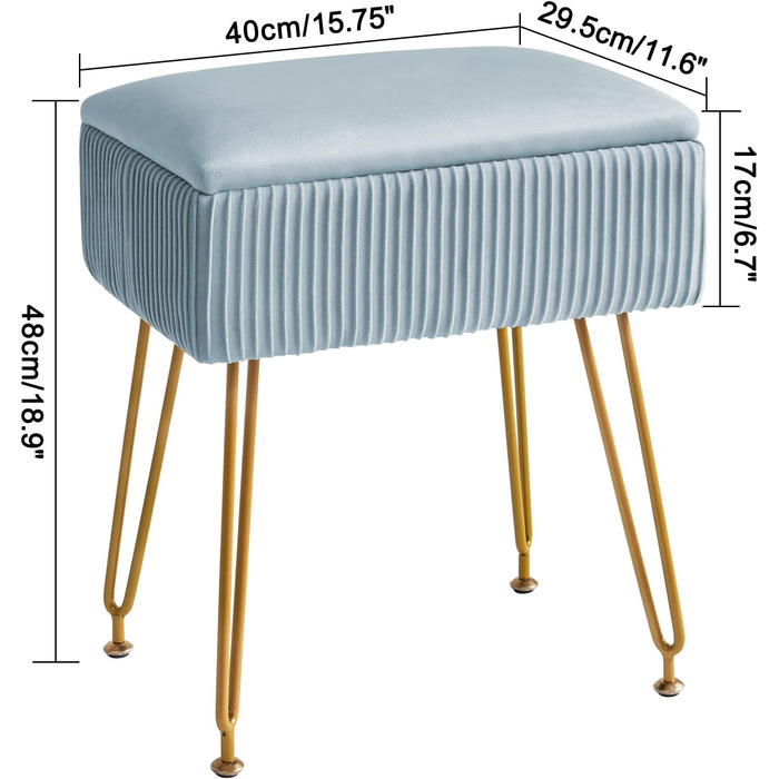 Туалетний стілець YMYNY з місцем для зберігання, оксамит, золотисті ніжки, 40x29.5x48 см, сіро-блакитний