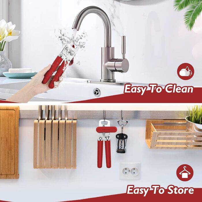 Відкривачка для консервів ручна, сталева, з великим зручним ручкою та відкривачем для пляшок (червона)