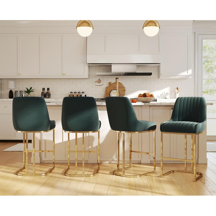 Набір з 2 барних стільців з велюру з золотистими ніжками, з підлокітниками та спинкою для кухонного острова/домашнього бару (зелений)