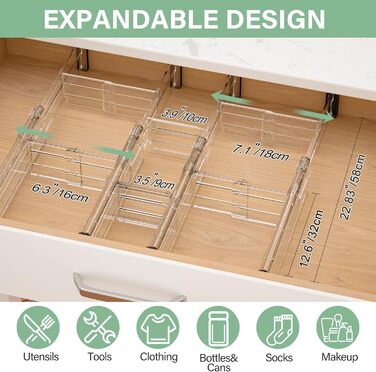 Регульовані роздільники для ящиків FUNIZE, 8 шт., 32-58 см, 16 шт. вставок 9-18 см, органайзери для ящиків на кухню, спальню, офіс, 6 см висота