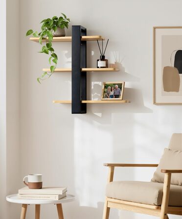 Полиця настінна дерев'яна SUMGAR, плаваюча, 3-ярусна, 50x58 см, чорно-дерев'яна, для вітальні, спальні