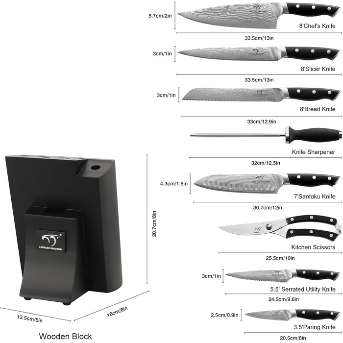 Набір кухонних ножів Дамаск з дерев'яним блоком, професійний набір кухаря, VG10, 67 шарів, преміум якість (9 предметів, чорний)