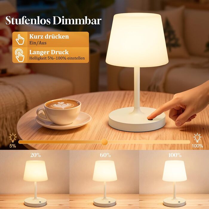 LED настільна лампа бездротова, торшер з торканням, лампа на акумуляторі з регулюванням яскравості та функцією пам'яті, торшер для спальні, кав'ярні, на вулицю (білий)