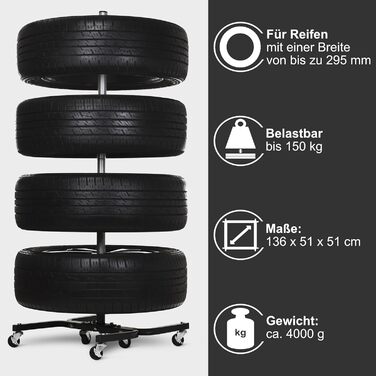 Підставка для шин Bonsport XL на колесах, для шин до 295 мм, вантажопідйомність 150 кг, з 8 маркерами для шин