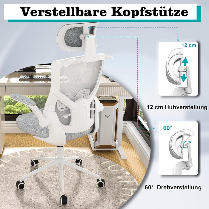 Ергономічне крісло для офісу з регульованою підголівником та поперековою підтримкою – високе офісне крісло з сітчастою спинкою та м'яким сидінням, вішалка для одягу та функцією блокування (білий та сірий)