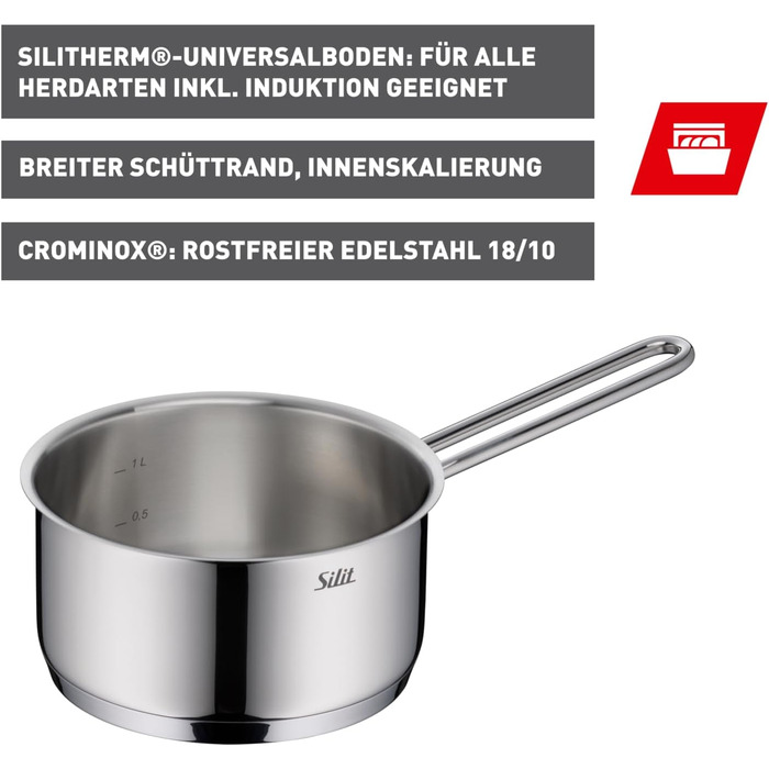 Каструля Silit Extra Cook з нержавіючої сталі 16 см з мірною шкалою та широким зливом, для плити Induktion