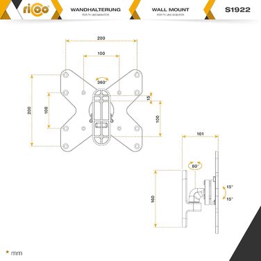 Кріплення для монітора RICOO TÜV, настінне, поворотне, нахилене, універсальне, VESA 75x75, 100x100 мм, для моніторів 13-32 дюймів, срібного кольору