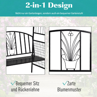 Арка-пергола з лавкою та решіткою для рослин, металева, чорна, 154 x 60 x 205 см