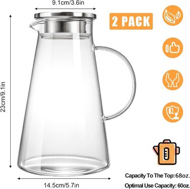 Скляна карафа WUWEOT 2 шт. по 2 літри з нержавіючою кришкою та виливом. Карафа для води, соку, молока, кави, вина, айс-ті.