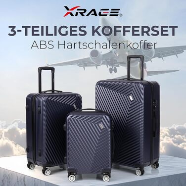 xRace Набір валіз 3 шт. ABS, 20/24/28 дюймів, ручна поклажа, TSA замок, 360° колеса, стійкий до ударів, преміум підкладка (Морська синя)