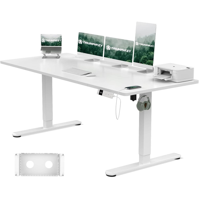 Регульований стіл за висотою з USB-C, органайзер для кабелів, стіл для стоячи, 3 режими пам'яті, білий (180x80 см)