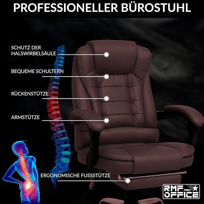 Ергономічне крісло для офісу RMF, регульоване, зручне та розслаблююче – крісло для робочого столу з підніжкою, обертове, регульоване по висоті, коричневе
