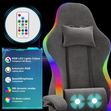 Ігровий крісло Devoko з тканини, з LED-підсвічуванням, ергономічний офісний крісло з масажем та телескопічною підніжкою, регульована спинка 90-135°, максимальне навантаження 150 кг, чорний колір, канвас